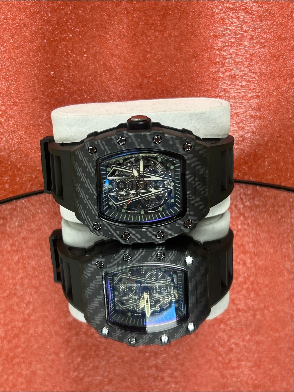 Carbon-Style Skeleton Dial Sport Watch - Black